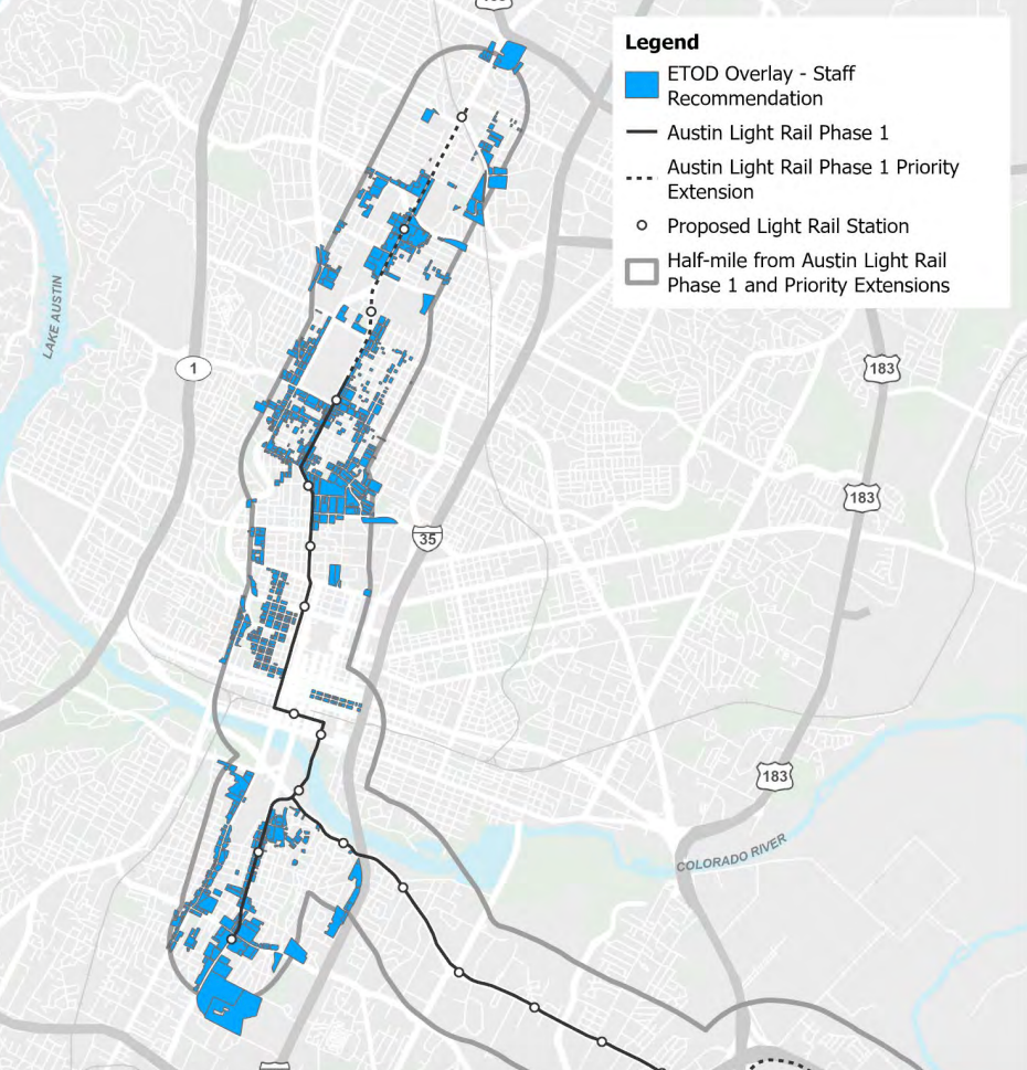A map showing the proposed light rail line and stations with the the ETOD overlay recommendations. 
